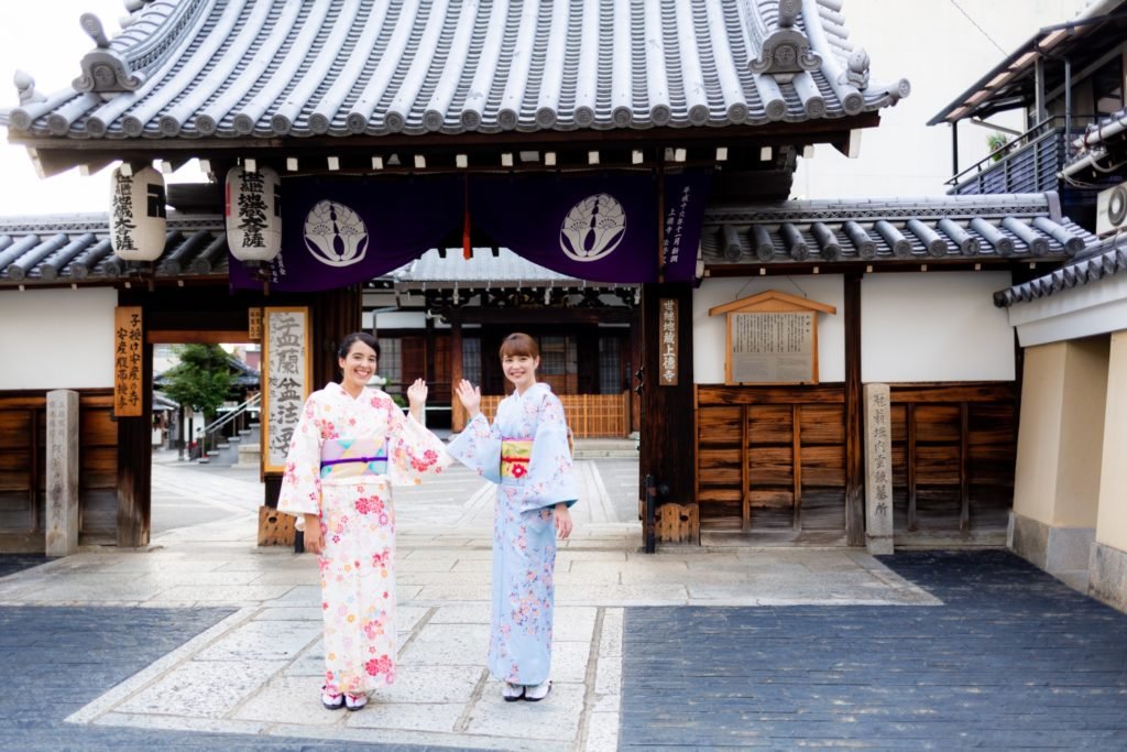 The temple gate at Jotoku-ji with traditional indigo noren